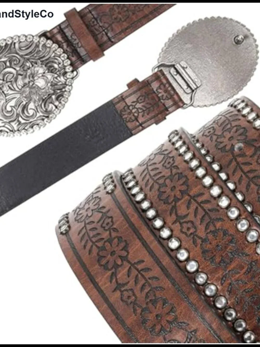 Western Cowboy Leather Belt with Rhinestone Oval Buckle for Women - Embossed PU